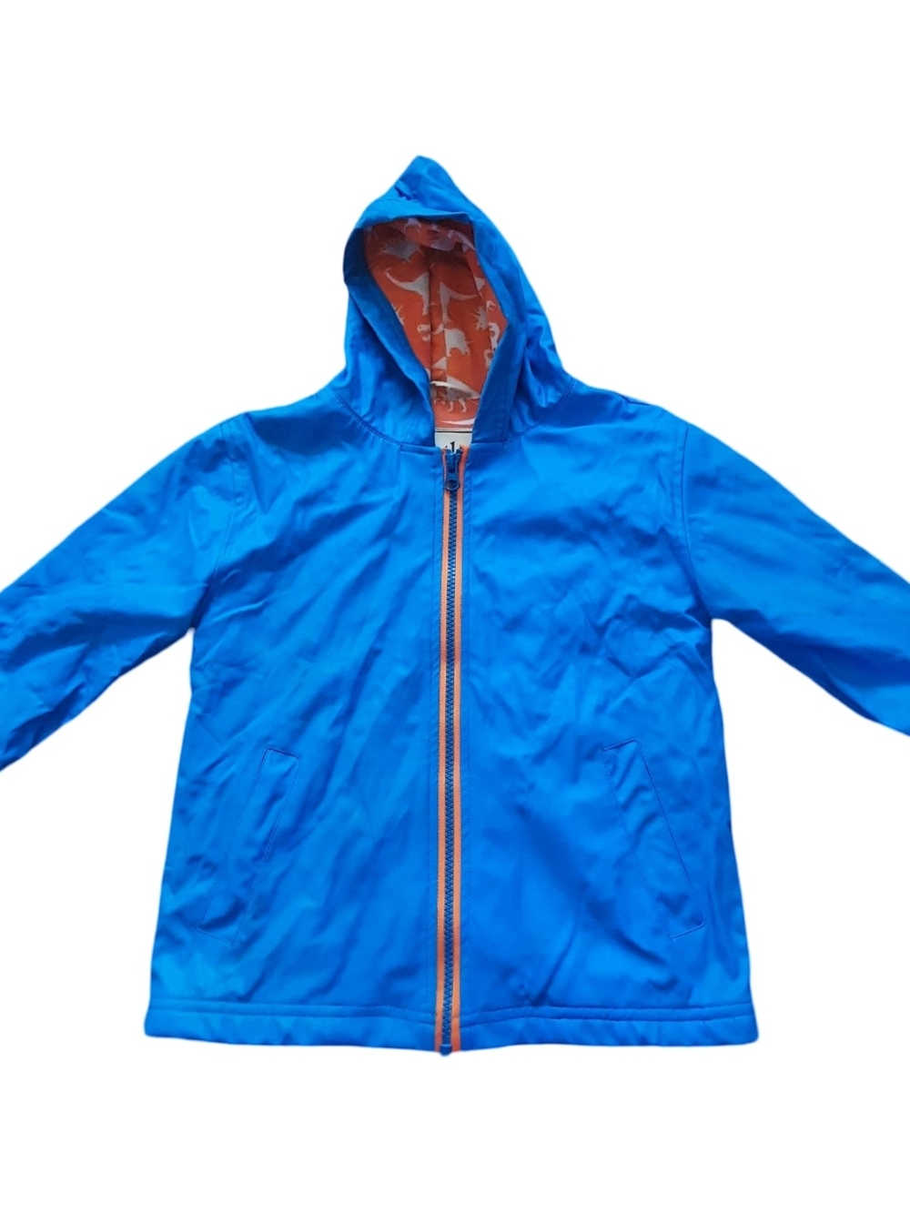 Hatley Bright Blue Hooded Raincoat with Orange Dino Lining